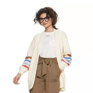 Retro Cardigan with Colorful Stripes, Cream Sweater XS